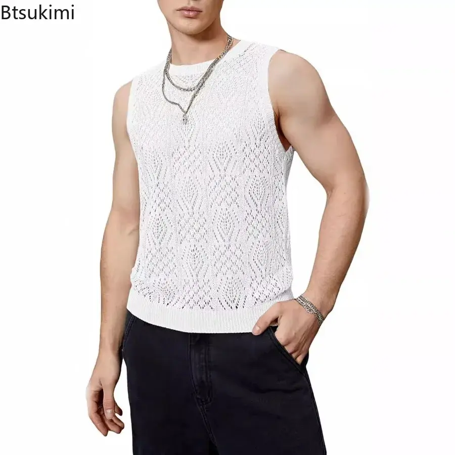 2025 Fashion Hollow Out Knitted Vests Men's Summer O-neck Patchwork Sleeveless Tops Men Casual Solid Tank Tops Trend Streetwear