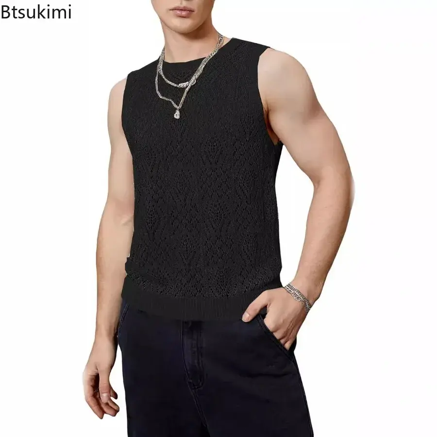 2025 Fashion Hollow Out Knitted Vests Men's Summer O-neck Patchwork Sleeveless Tops Men Casual Solid Tank Tops Trend Streetwear