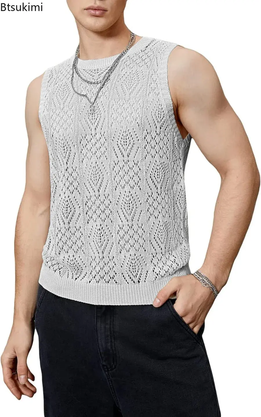 2025 Fashion Hollow Out Knitted Vests Men's Summer O-neck Patchwork Sleeveless Tops Men Casual Solid Tank Tops Trend Streetwear