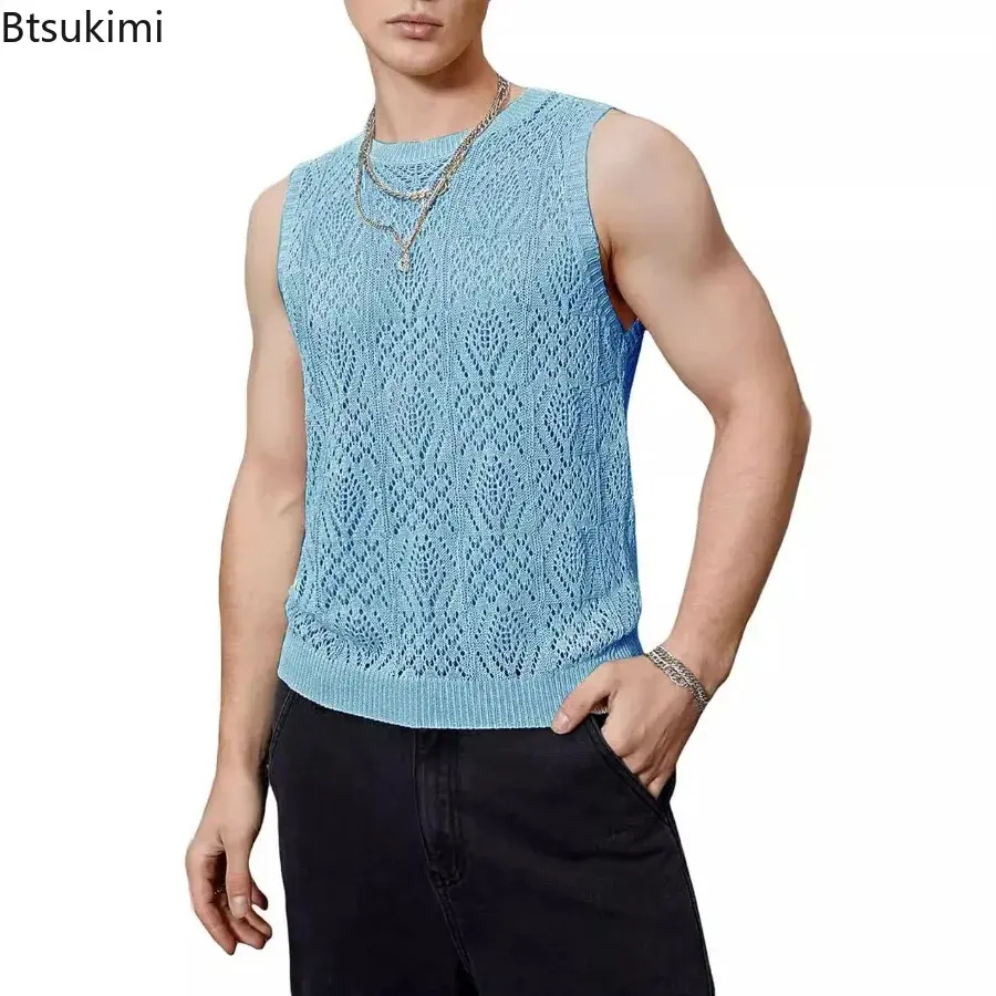 2025 Fashion Hollow Out Knitted Vests Men's Summer O-neck Patchwork Sleeveless Tops Men Casual Solid Tank Tops Trend Streetwear