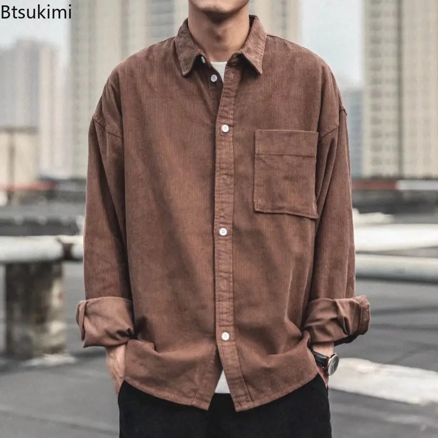 New 2025 Hong Kong Style Corduroy Long Sleeve Shirt Men's Loose Casual Spring and Autumn Fashion Trend Shirts Outerwear for Men