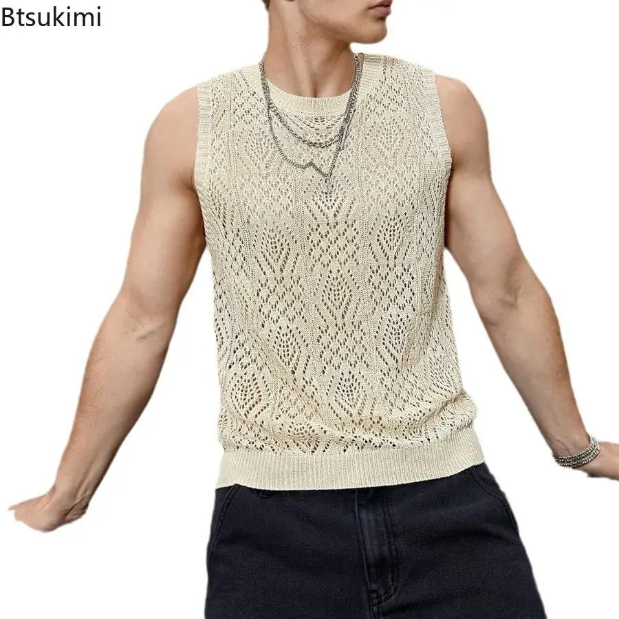 2025 Fashion Hollow Out Knitted Vests Men's Summer O-neck Patchwork Sleeveless Tops Men Casual Solid Tank Tops Trend Streetwear