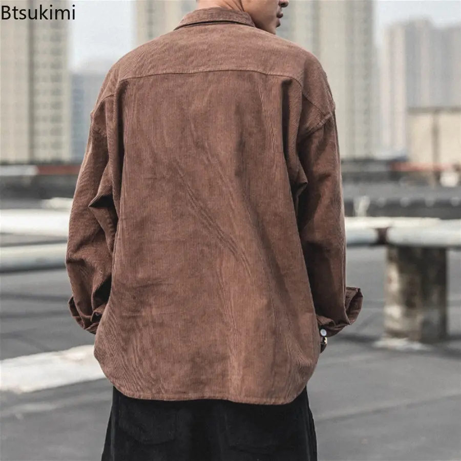 New 2025 Hong Kong Style Corduroy Long Sleeve Shirt Men's Loose Casual Spring and Autumn Fashion Trend Shirts Outerwear for Men