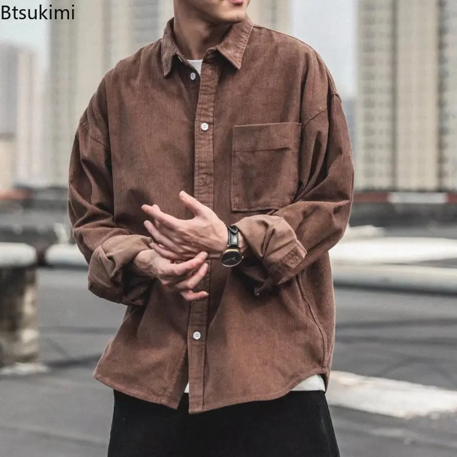 New 2025 Hong Kong Style Corduroy Long Sleeve Shirt Men's Loose Casual Spring and Autumn Fashion Trend Shirts Outerwear for Men