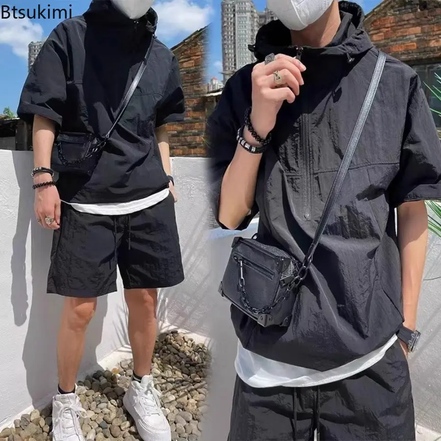 Men's Summer Cargo Style Set Casual Hooded Solid Short Sleeve T-shirt Shorts Loose Fashion High Quality Simple Sweatshirt Suit