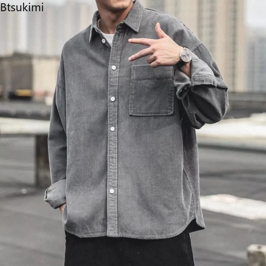 New 2025 Hong Kong Style Corduroy Long Sleeve Shirt Men's Loose Casual Spring and Autumn Fashion Trend Shirts Outerwear for Men