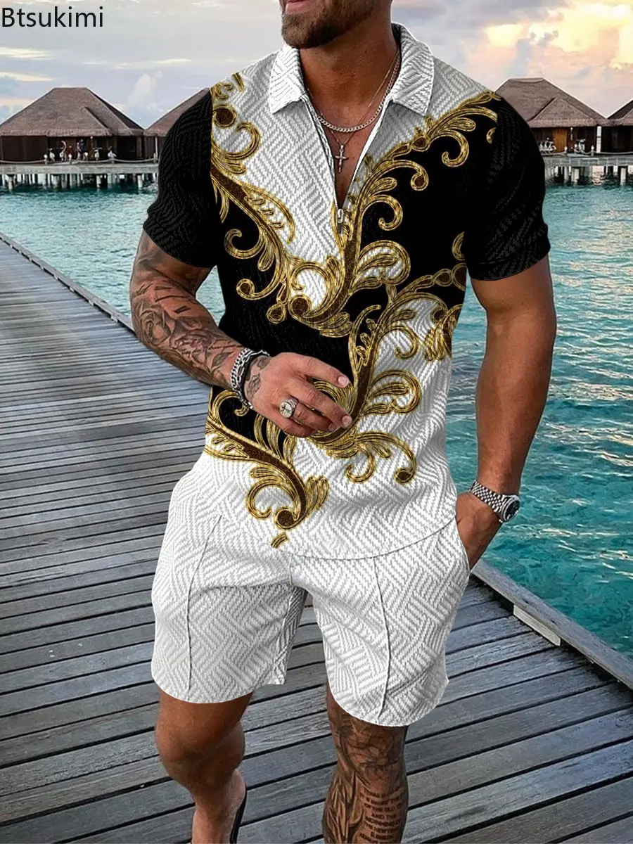 Hot Sale New Men's Fashion Printed Two Piece Sets Half Zipper Short Sleeve Polo Shirt and Shorts Casual Suit Men Trend Tracksuit