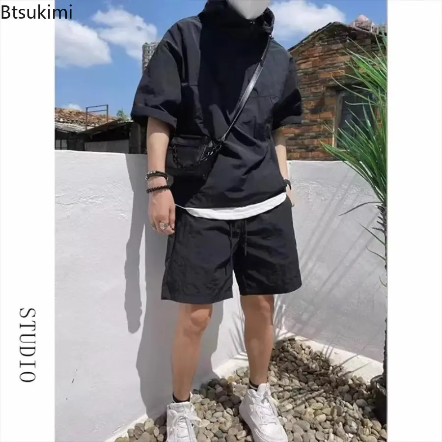 Men's Summer Cargo Style Set Casual Hooded Solid Short Sleeve T-shirt Shorts Loose Fashion High Quality Simple Sweatshirt Suit