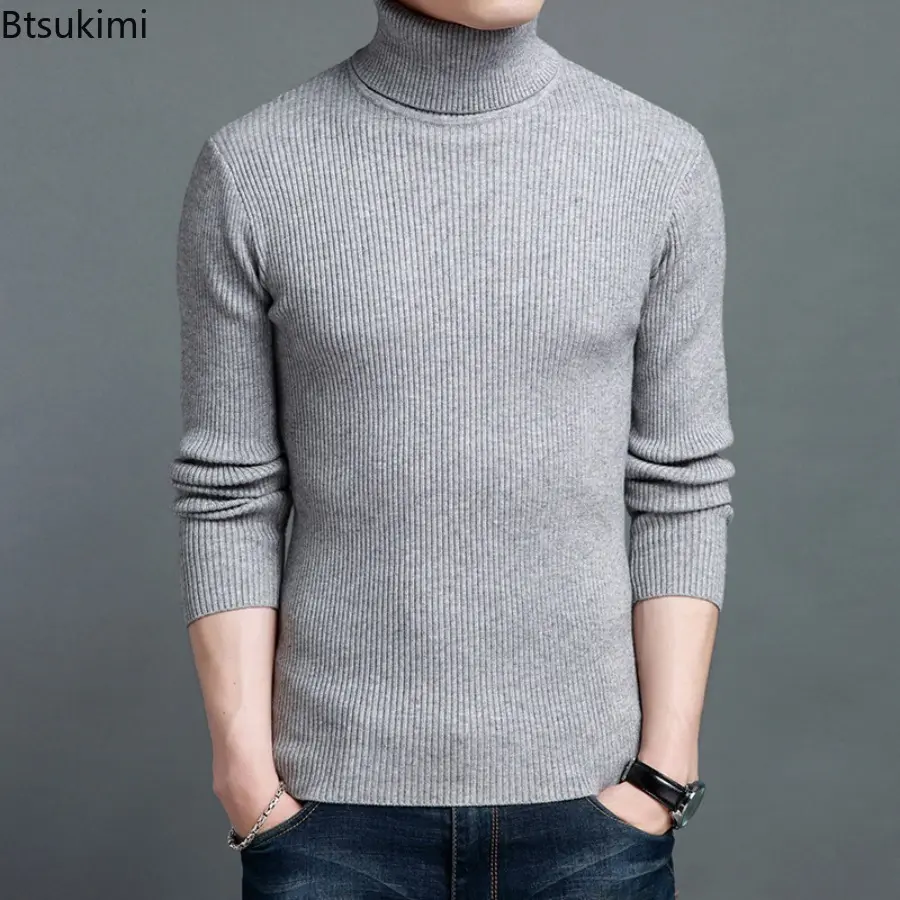2025 Winter High Neck Thick Warm Stripes Sweater Men Turtleneck Brand Mens Sweaters Slim Fit Pullover Solid Color Basic Sweater