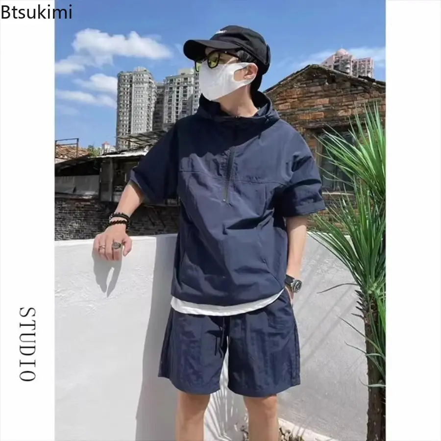 Men's Summer Cargo Style Set Casual Hooded Solid Short Sleeve T-shirt Shorts Loose Fashion High Quality Simple Sweatshirt Suit