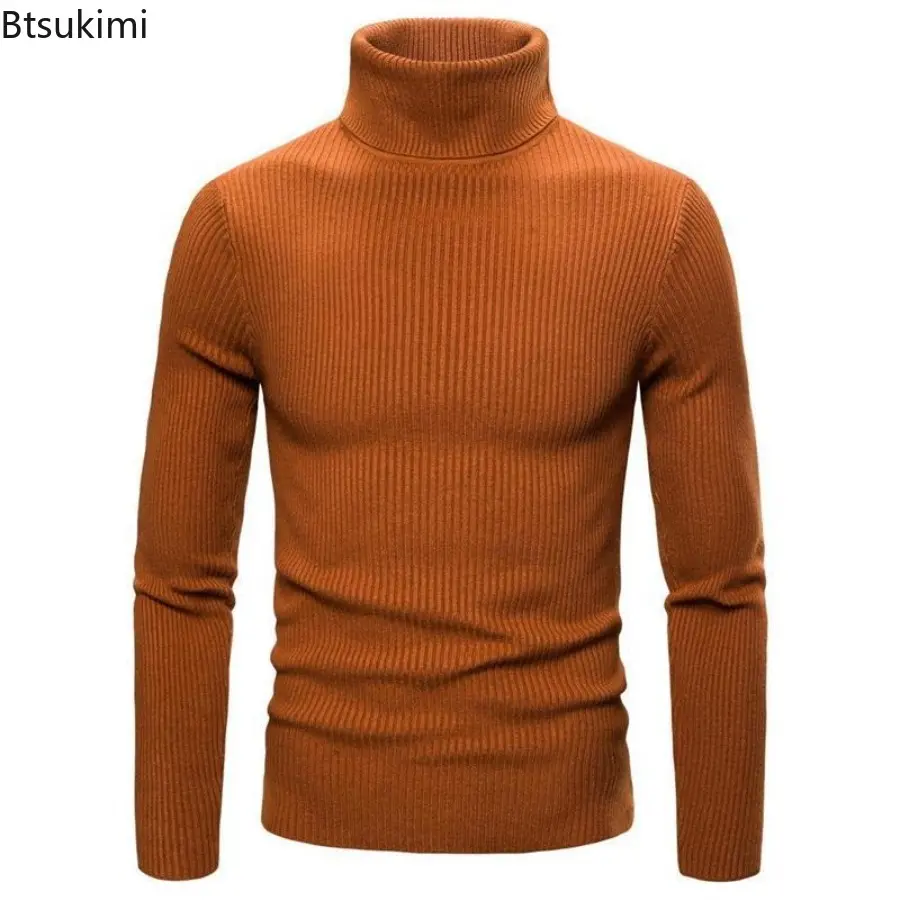 2025 Winter High Neck Thick Warm Stripes Sweater Men Turtleneck Brand Mens Sweaters Slim Fit Pullover Solid Color Basic Sweater
