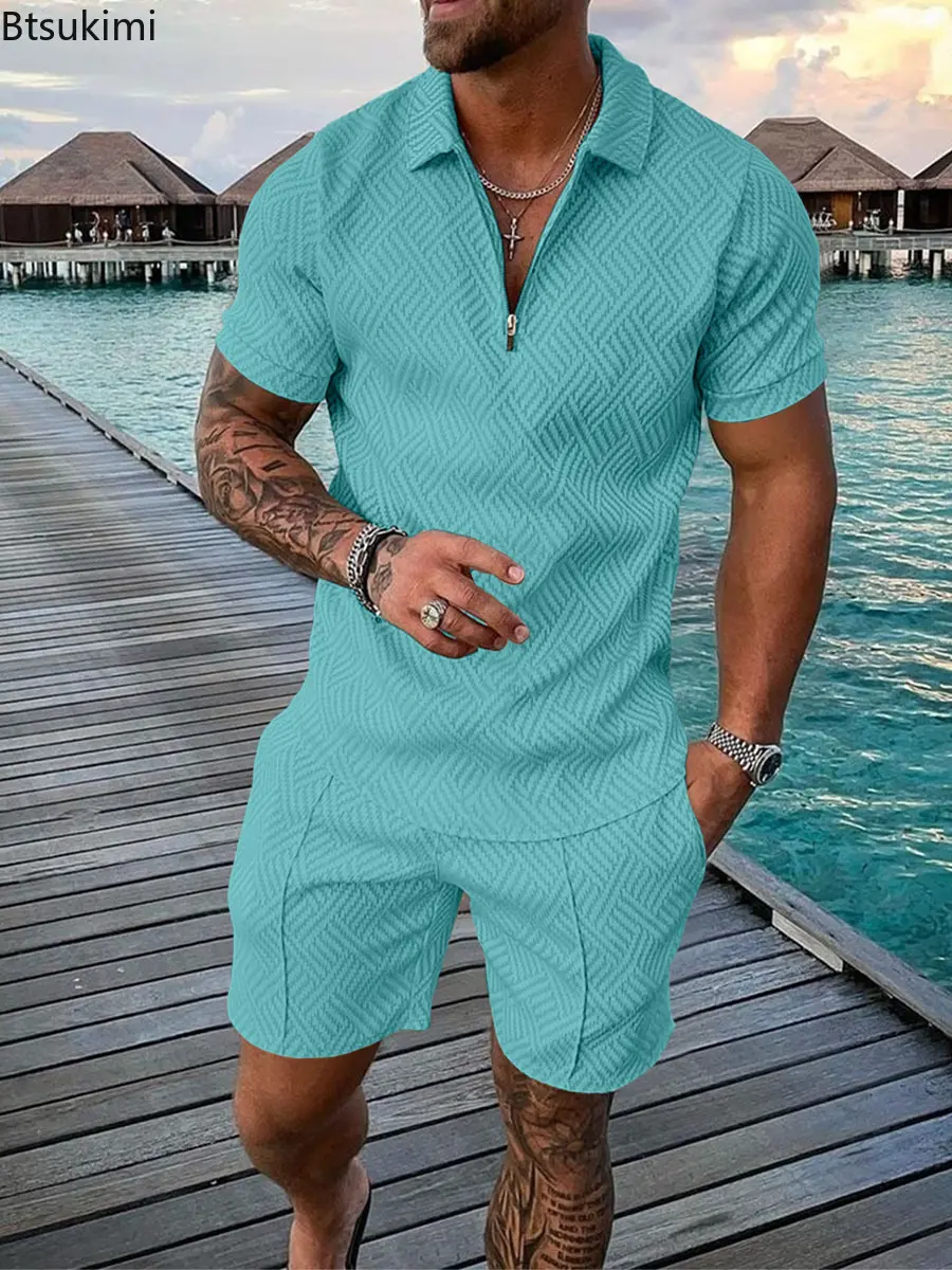 Hot Sale New Men's Fashion Printed Two Piece Sets Half Zipper Short Sleeve Polo Shirt and Shorts Casual Suit Men Trend Tracksuit