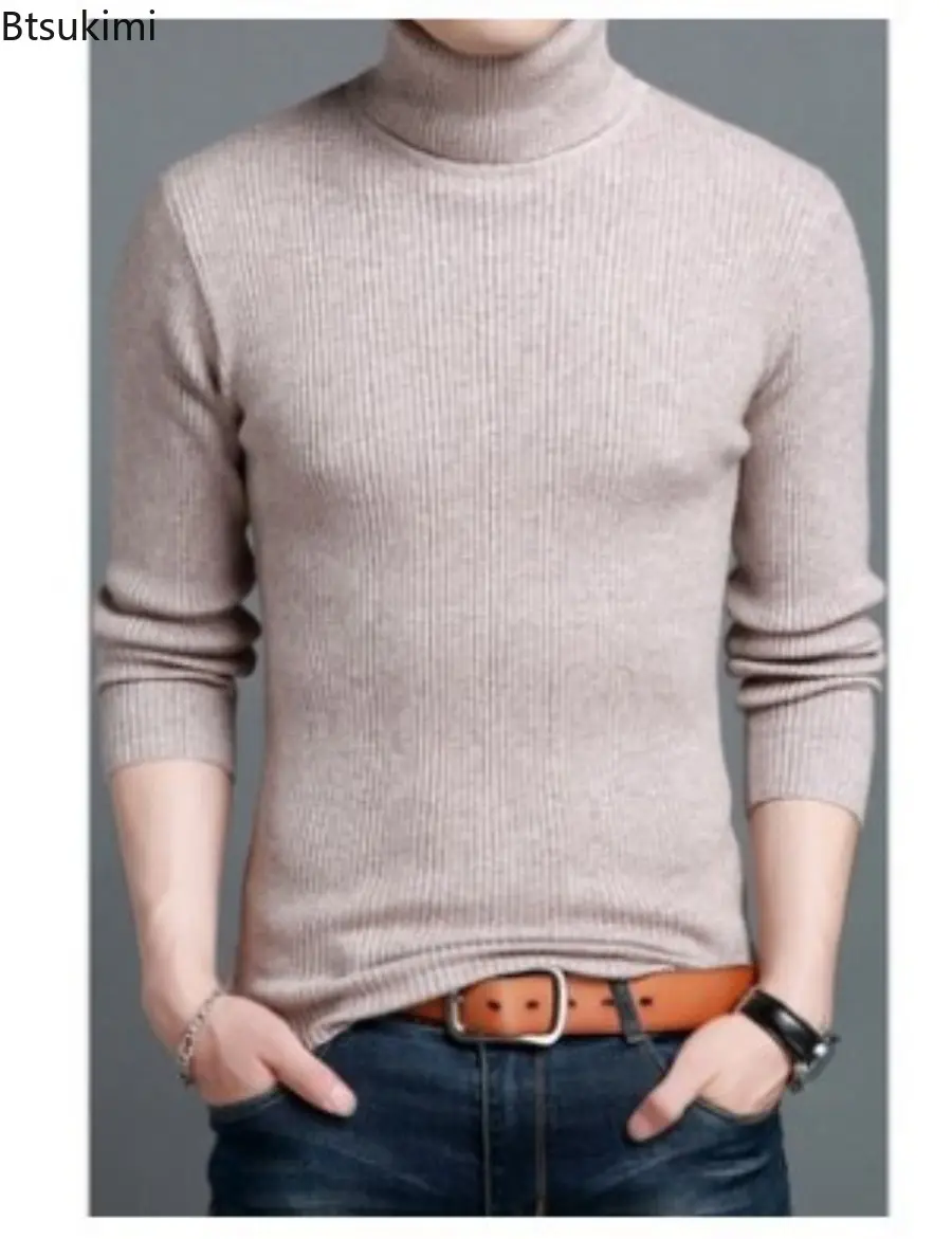 2025 Winter High Neck Thick Warm Stripes Sweater Men Turtleneck Brand Mens Sweaters Slim Fit Pullover Solid Color Basic Sweater
