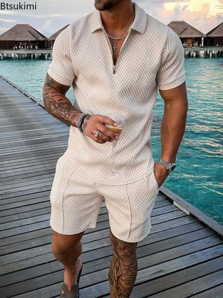 Hot Sale New Men's Fashion Printed Two Piece Sets Half Zipper Short Sleeve Polo Shirt and Shorts Casual Suit Men Trend Tracksuit