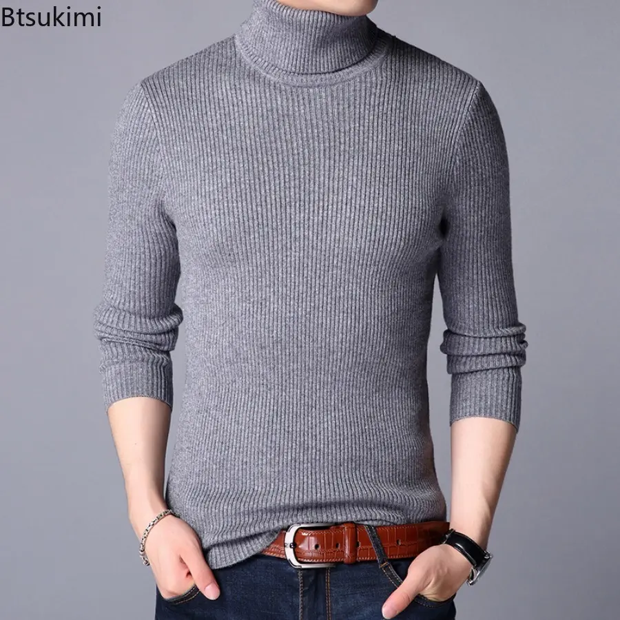 2025 Winter High Neck Thick Warm Stripes Sweater Men Turtleneck Brand Mens Sweaters Slim Fit Pullover Solid Color Basic Sweater
