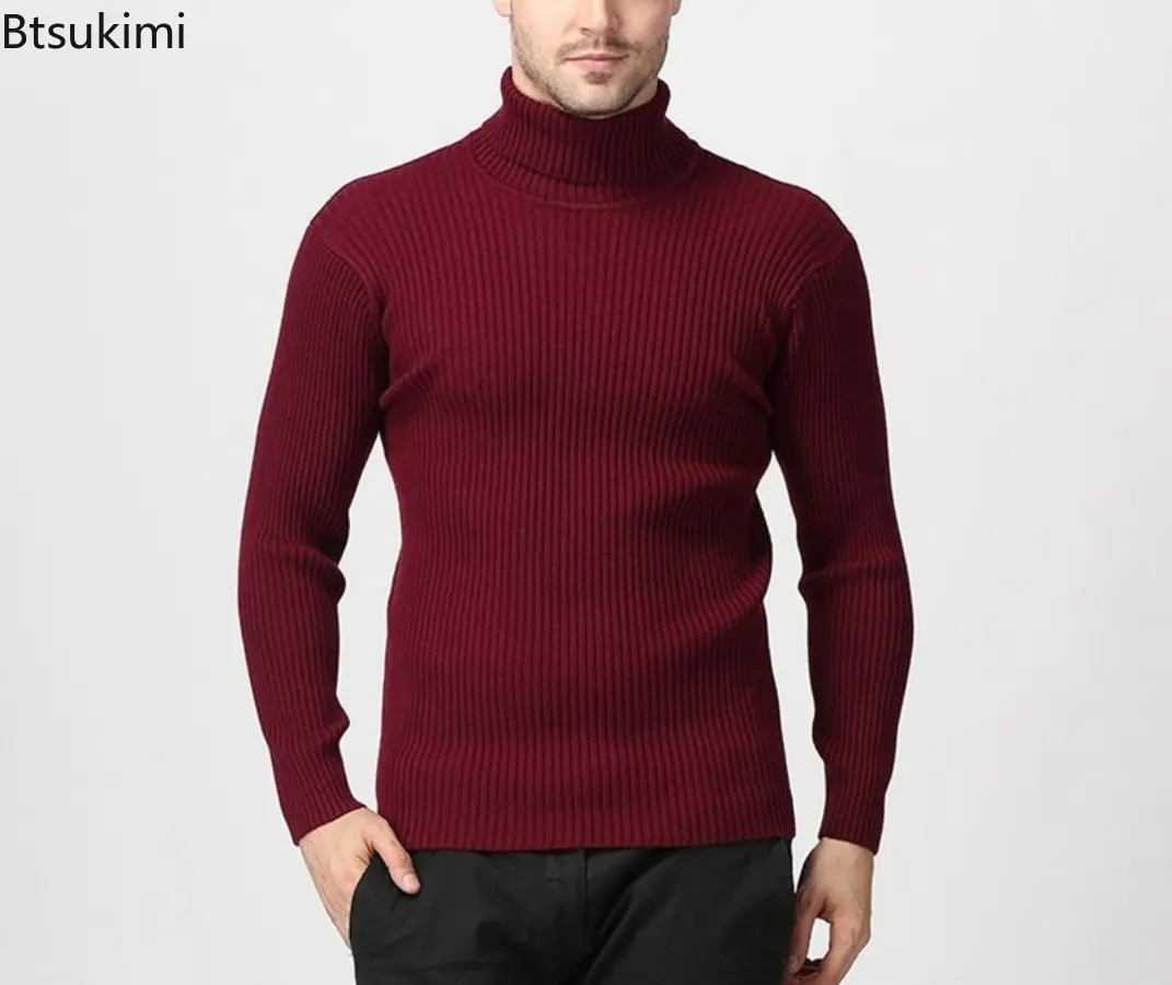 2025 Winter High Neck Thick Warm Stripes Sweater Men Turtleneck Brand Mens Sweaters Slim Fit Pullover Solid Color Basic Sweater