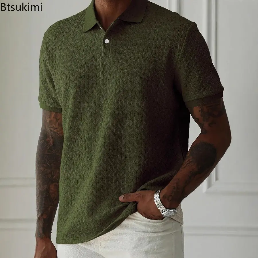 2025 Men's Jacquard Solid Color Polo Shirt Summer Short Sleeve Casual T-shirt for Men Fashion  Turn-down Collar Button Up Tops