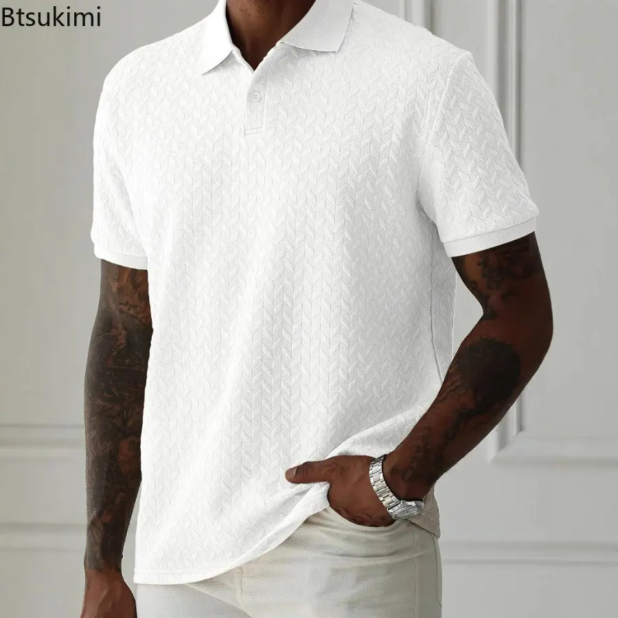 2025 Men's Jacquard Solid Color Polo Shirt Summer Short Sleeve Casual T-shirt for Men Fashion  Turn-down Collar Button Up Tops