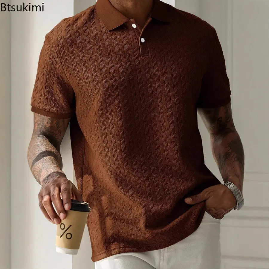 2025 Men's Jacquard Solid Color Polo Shirt Summer Short Sleeve Casual T-shirt for Men Fashion  Turn-down Collar Button Up Tops