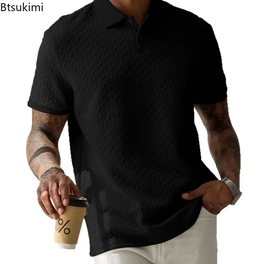 2025 Men's Jacquard Solid Color Polo Shirt Summer Short Sleeve Casual T-shirt for Men Fashion  Turn-down Collar Button Up Tops