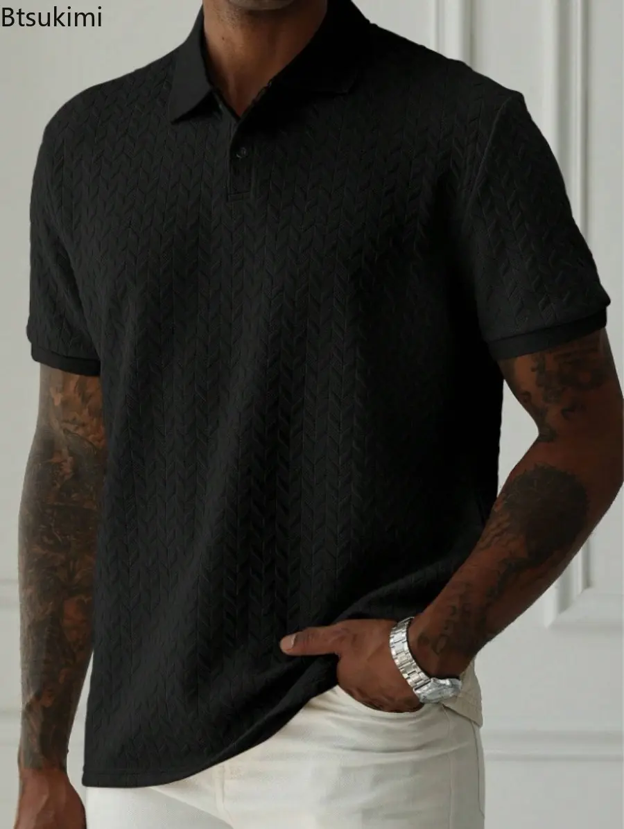 2025 Men's Jacquard Solid Color Polo Shirt Summer Short Sleeve Casual T-shirt for Men Fashion  Turn-down Collar Button Up Tops