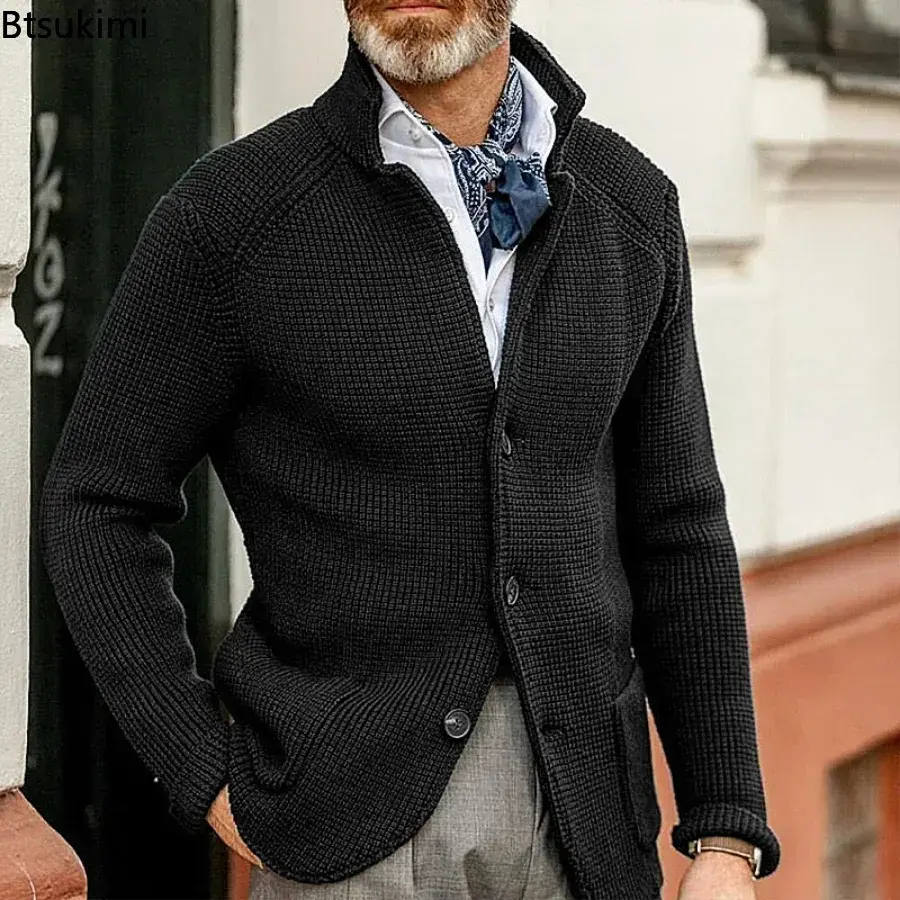 Fashion Men's Autumn Winter Thick Warm Sweater Coats Solid Casual Stand Collar Knitted Cardigan Jacket Male Long Sleeve Sweaters