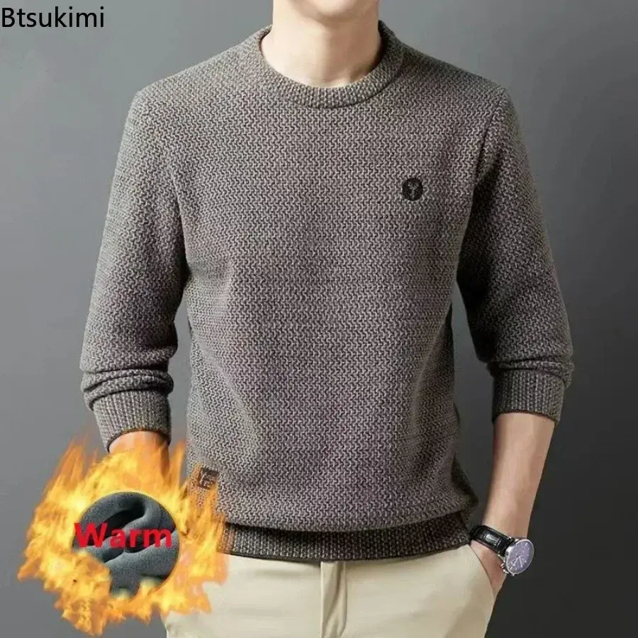 Autumn Winter Men's Warm Knitted Sweaters Fashion Solid Loose Casual O-neck Pullover Tops Plush Thicken Versatile Sweaters Male