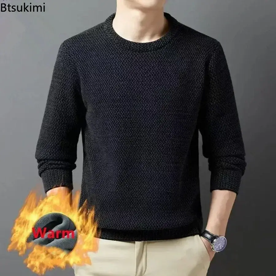 Autumn Winter Men's Warm Knitted Sweaters Fashion Solid Loose Casual O-neck Pullover Tops Plush Thicken Versatile Sweaters Male