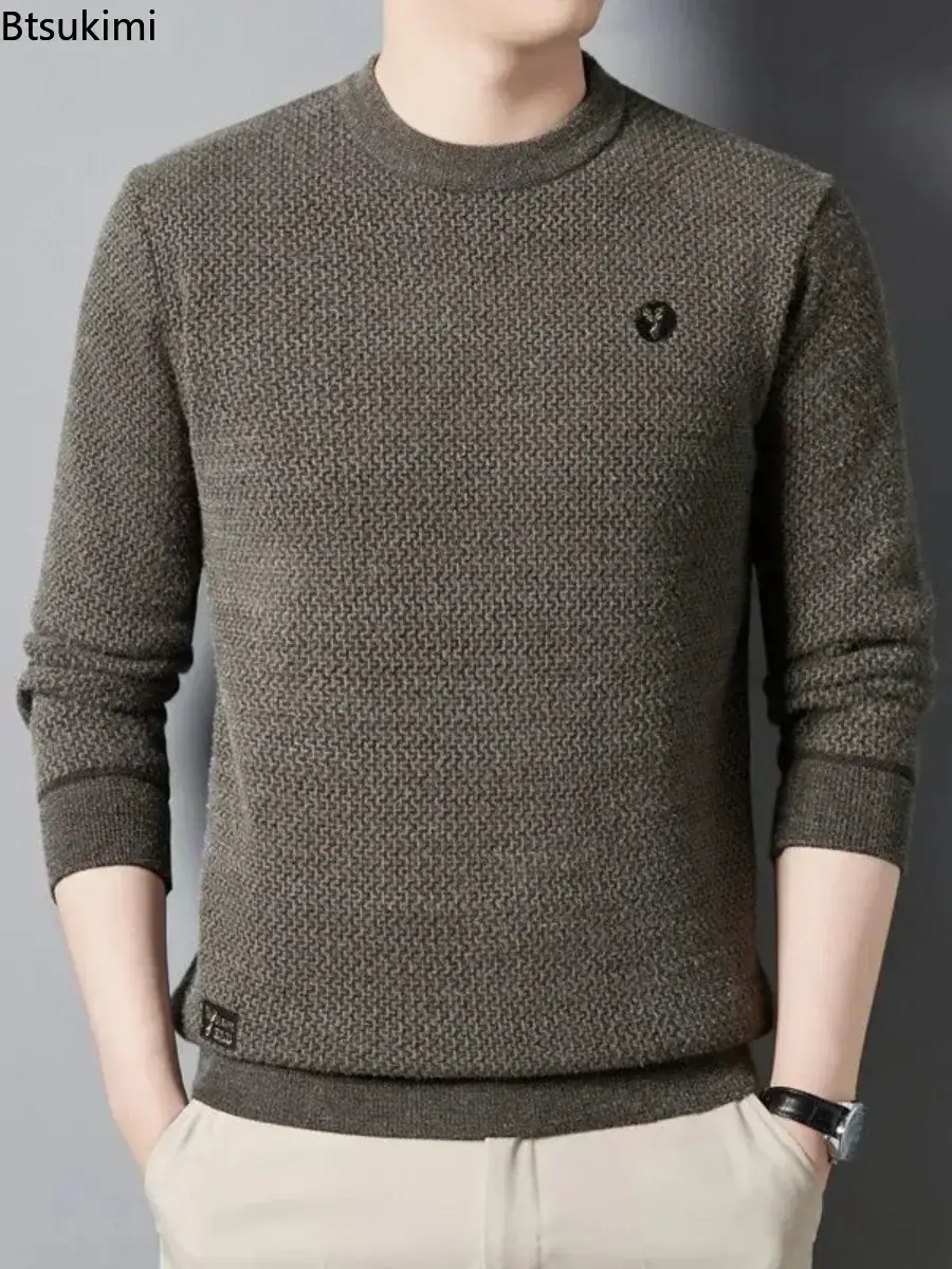 Autumn Winter Men's Warm Knitted Sweaters Fashion Solid Loose Casual O-neck Pullover Tops Plush Thicken Versatile Sweaters Male