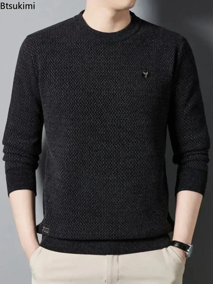 Autumn Winter Men's Warm Knitted Sweaters Fashion Solid Loose Casual O-neck Pullover Tops Plush Thicken Versatile Sweaters Male