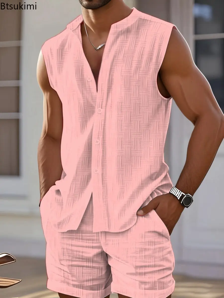 Summer Men Casual Sleeveless Vest Shirt Suit Fashionable Sports Loose and Comfortable Sleeveless Men's Outdoor Shorts Beach Set