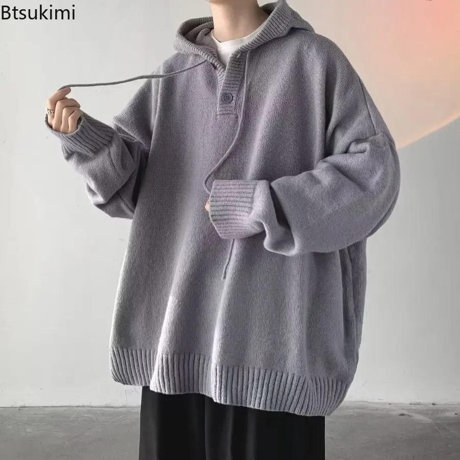 Men'S Casual Hooded Sweater Coat Autumn and Winter High Neck Loose and Lazy Woolen Sweater Knitted Sweater Thick Outer Overcoat