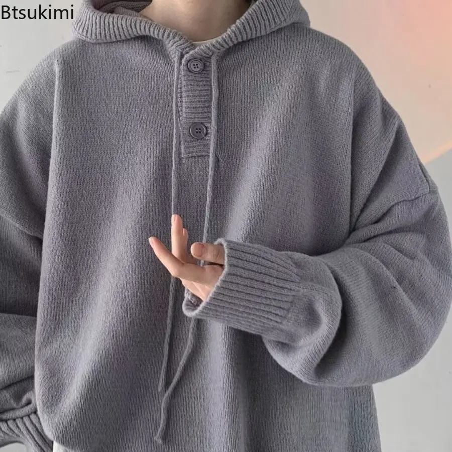Men'S Casual Hooded Sweater Coat Autumn and Winter High Neck Loose and Lazy Woolen Sweater Knitted Sweater Thick Outer Overcoat