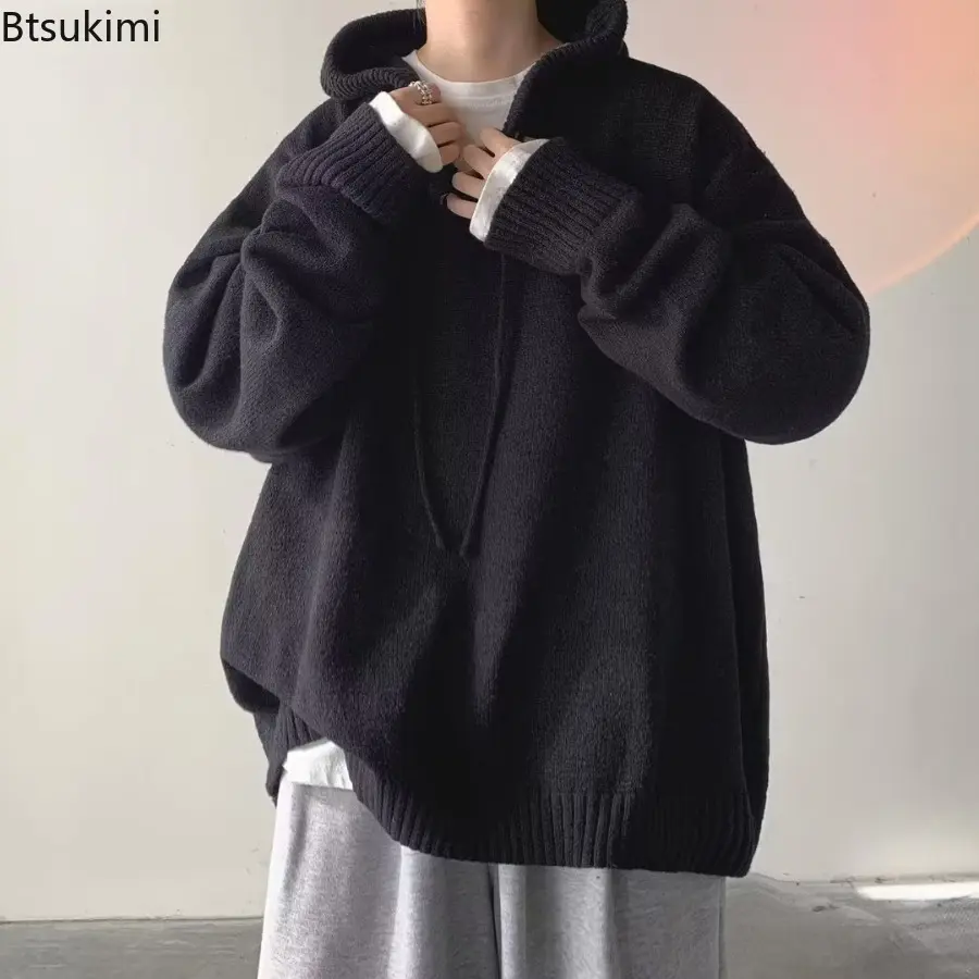 Men'S Casual Hooded Sweater Coat Autumn and Winter High Neck Loose and Lazy Woolen Sweater Knitted Sweater Thick Outer Overcoat