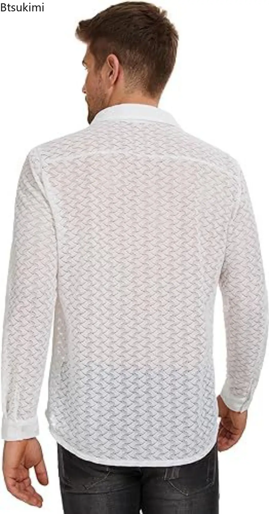 2025 Men's Sexy Mesh Lace Long-sleeved Shirts Transparent Hollow Out Cardigan Fashion Solid Casual T-shirts Male Street Blouses