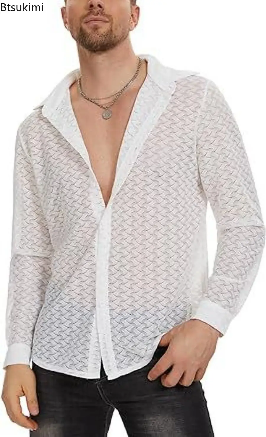 2025 Men's Sexy Mesh Lace Long-sleeved Shirts Transparent Hollow Out Cardigan Fashion Solid Casual T-shirts Male Street Blouses