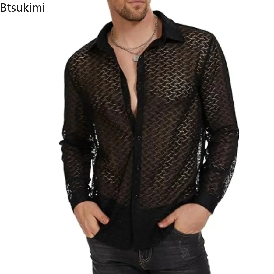 2025 Men's Sexy Mesh Lace Long-sleeved Shirts Transparent Hollow Out Cardigan Fashion Solid Casual T-shirts Male Street Blouses
