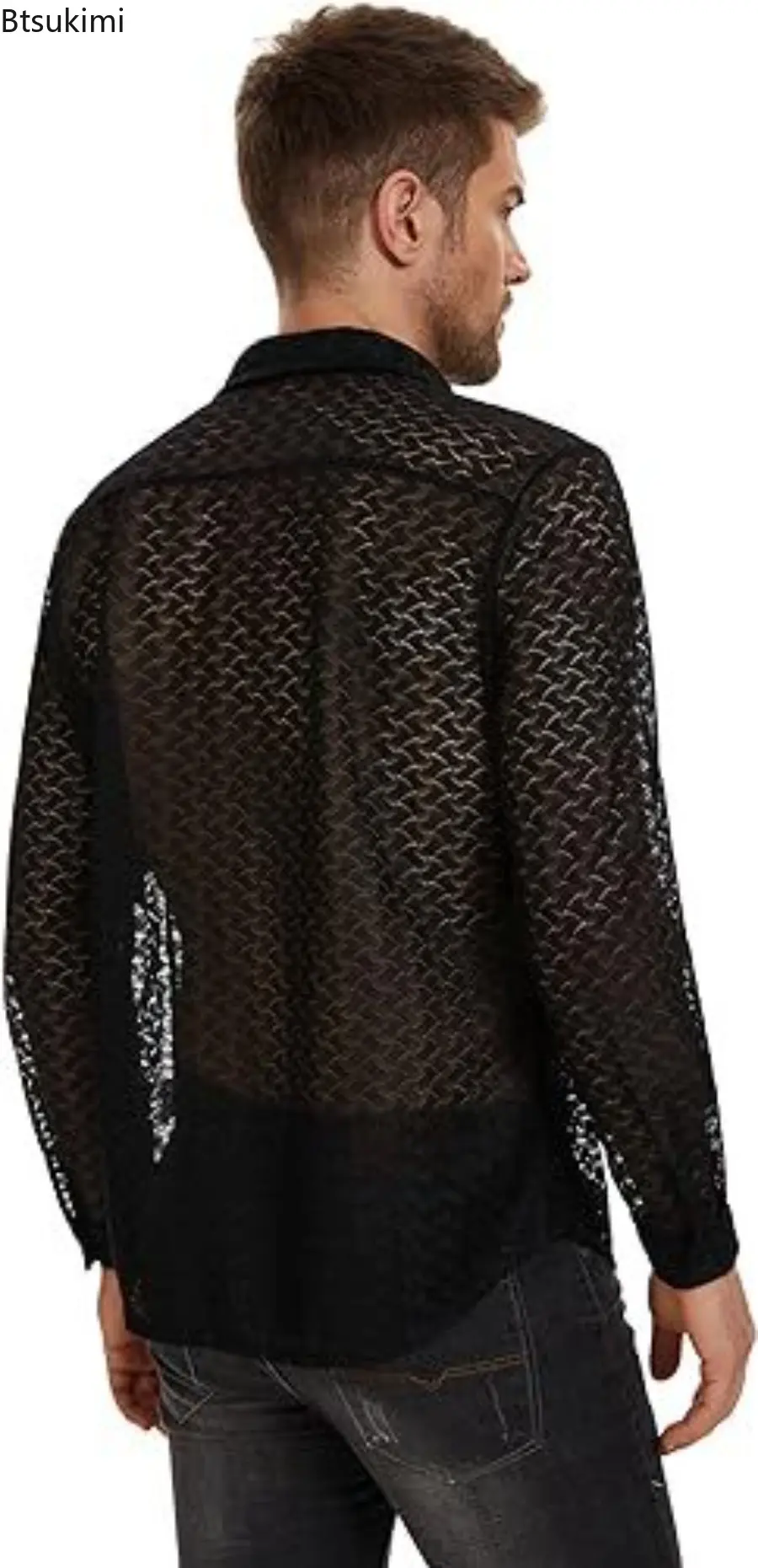 2025 Men's Sexy Mesh Lace Long-sleeved Shirts Transparent Hollow Out Cardigan Fashion Solid Casual T-shirts Male Street Blouses