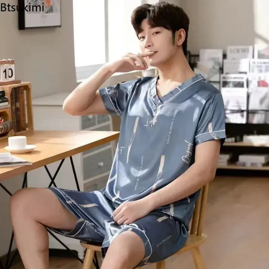 New 2025 Men's Summer Silk Pajama Sets Print Short Sleeve Pullover Tops and Shorts Homewear Suit Men Satin Casual Nightwear Sets