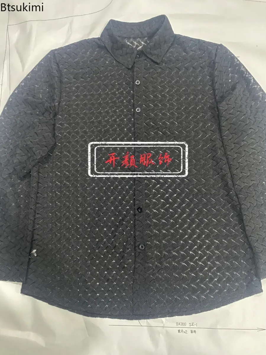 2025 Men's Sexy Mesh Lace Long-sleeved Shirts Transparent Hollow Out Cardigan Fashion Solid Casual T-shirts Male Street Blouses