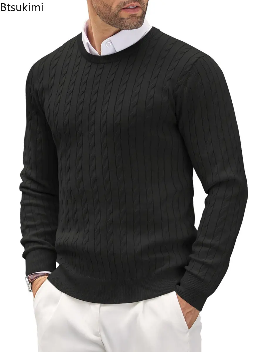 2025 Men'S Solid Color Slim Fit Sweater Long Sleeve Casual Sweater Basic Versatile Crew Neck Sweaters  Retro Wool Pullover Coat
