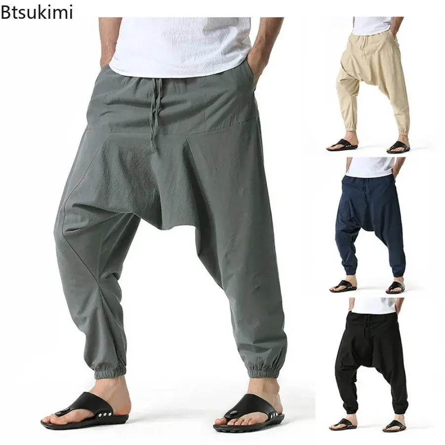 2025 Spring Summer New Men's Large Pocket Elastic Cross-pants Fashion Loose Casual Harem Pants Men Comfortable Yoga Home Trouser