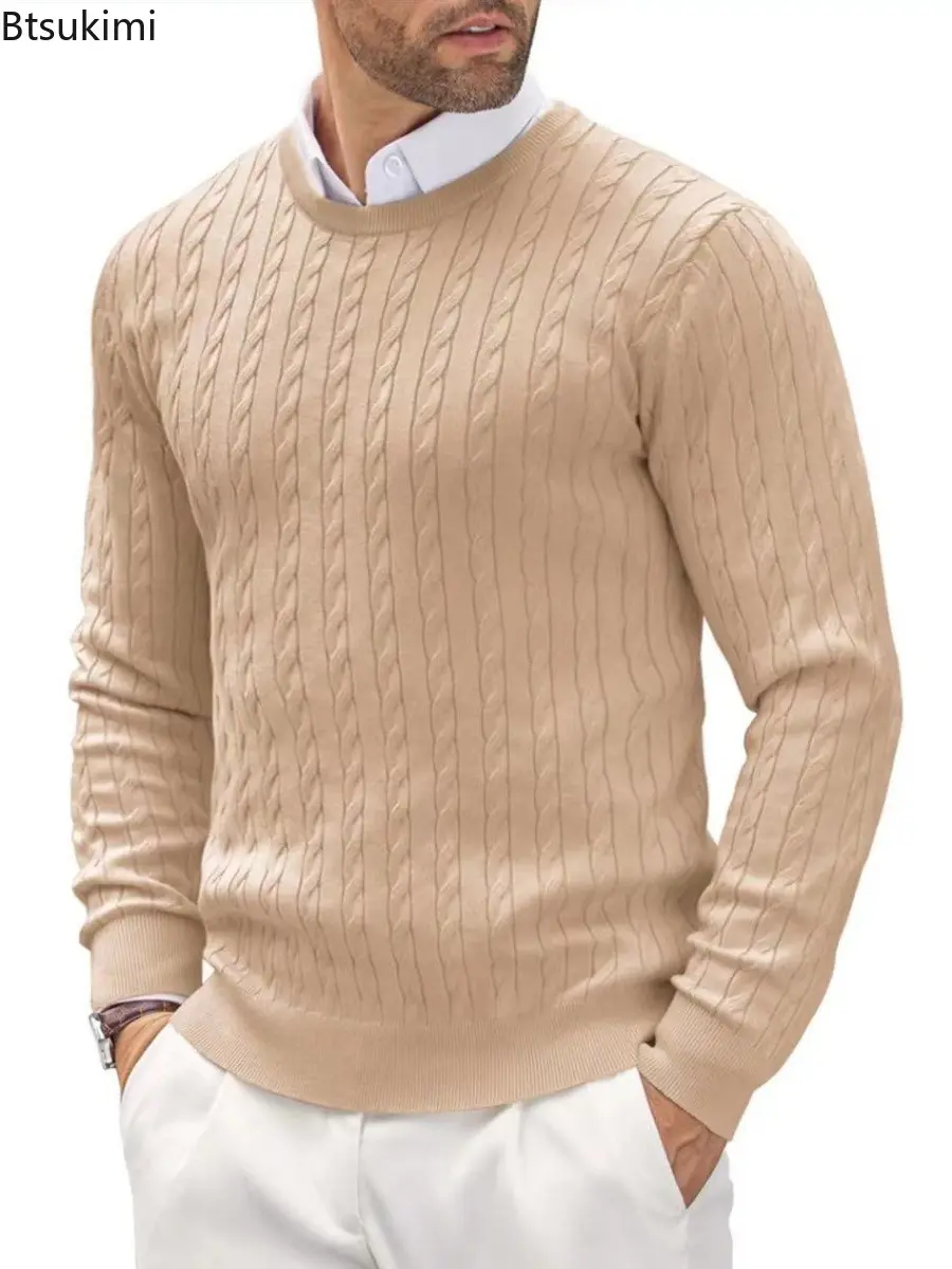 2025 Men'S Solid Color Slim Fit Sweater Long Sleeve Casual Sweater Basic Versatile Crew Neck Sweaters  Retro Wool Pullover Coat