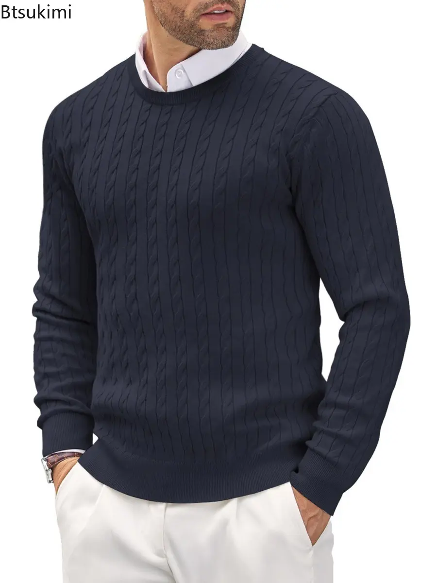 2025 Men'S Solid Color Slim Fit Sweater Long Sleeve Casual Sweater Basic Versatile Crew Neck Sweaters  Retro Wool Pullover Coat