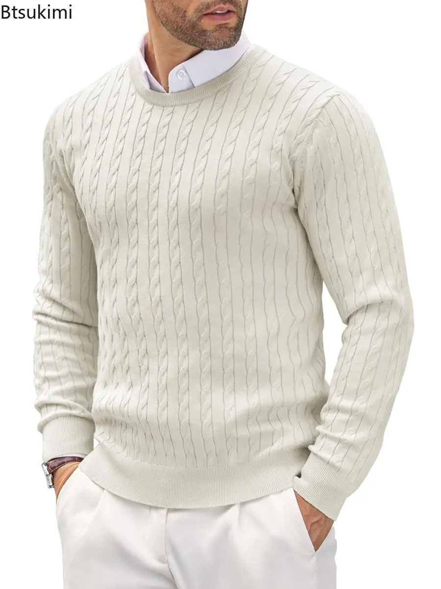 2025 Men'S Solid Color Slim Fit Sweater Long Sleeve Casual Sweater Basic Versatile Crew Neck Sweaters  Retro Wool Pullover Coat