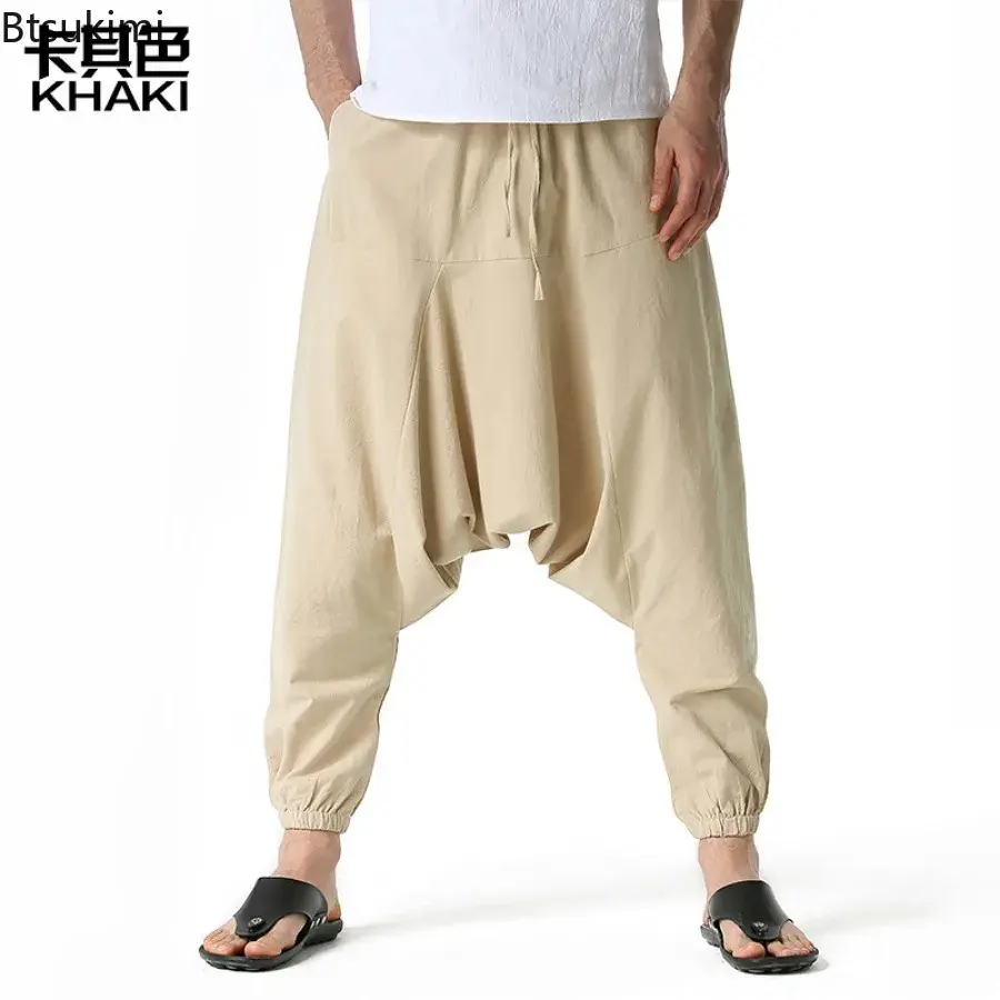 2025 Spring Summer New Men's Large Pocket Elastic Cross-pants Fashion Loose Casual Harem Pants Men Comfortable Yoga Home Trouser