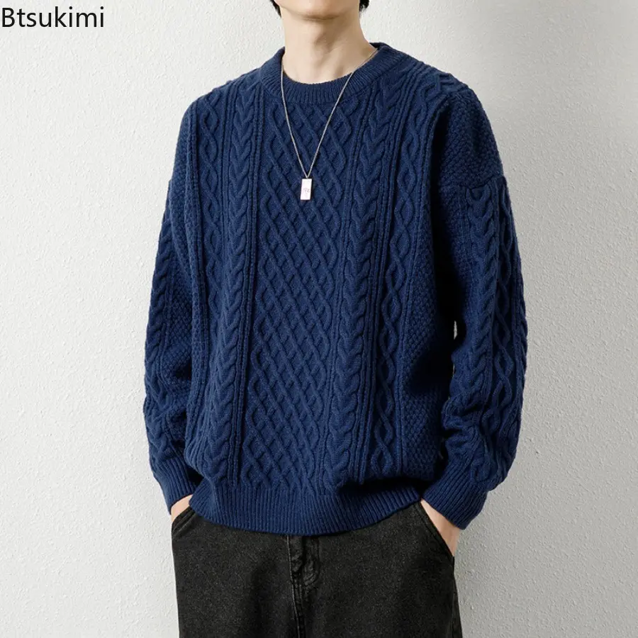 Autumn Winter Men Sweater Vintage O Neck Solid Color Mens Knitted Pullovers Loose Harajuku Mens Retro Knitting Pullover Sweaters