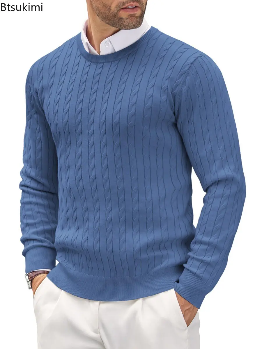 2025 Men'S Solid Color Slim Fit Sweater Long Sleeve Casual Sweater Basic Versatile Crew Neck Sweaters  Retro Wool Pullover Coat