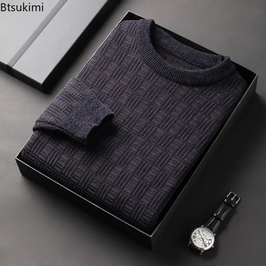 2025 New Men's Jacquard Knitted Sweaters Autumn Winter Thicked Warm O-neck Pullover Tops Casual Business Versatile Sweaters Male
