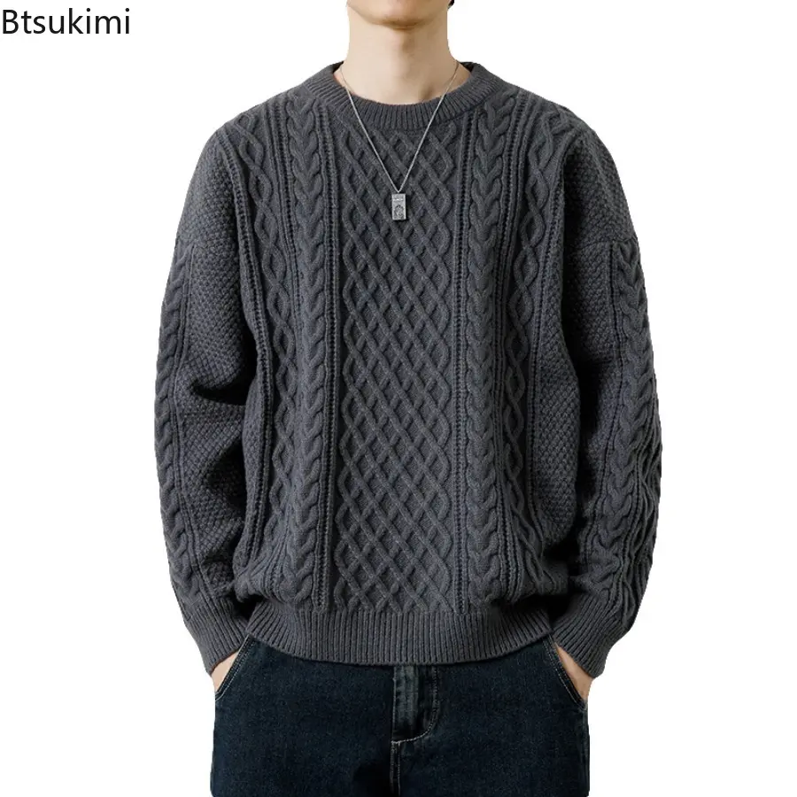 Autumn Winter Men Sweater Vintage O Neck Solid Color Mens Knitted Pullovers Loose Harajuku Mens Retro Knitting Pullover Sweaters